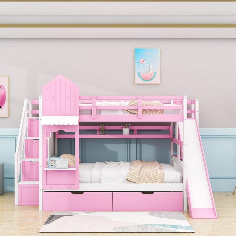 Pembe Beyaz Masif Ahşap Kaydıraklı Kitaplıklı ve Depolama Merdivenli Ranza - 248608