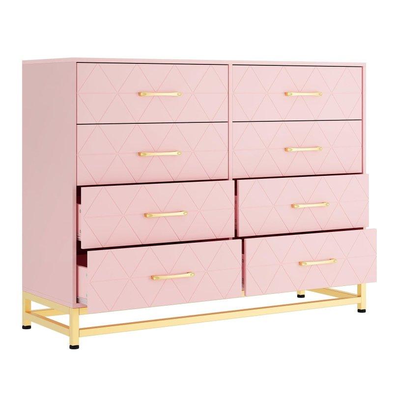 Pembe Beyaz MDF Gold Kulplu 8 Çekmeceli Şifonyer - 120 cm - 297098
