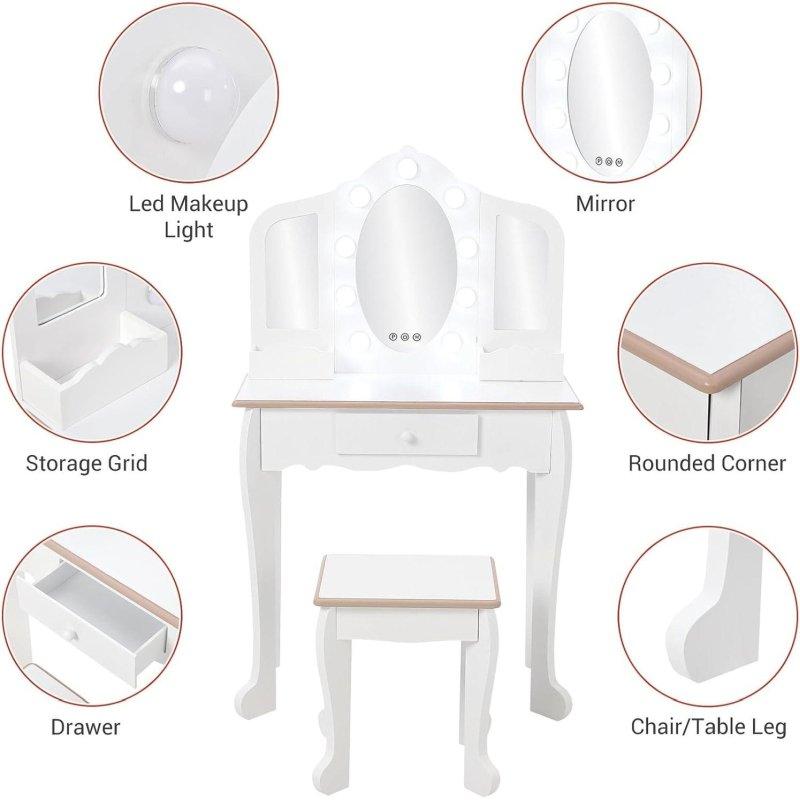 Pembe Beyaz MDF LED Işıklı Aynalı Çekmeceli Tabureli Çocuk Şifonyer - 79x33 cm - 310417