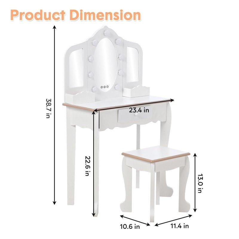 Pembe Beyaz MDF LED Işıklı Aynalı Çekmeceli Tabureli Çocuk Şifonyer - 79x33 cm - 310417