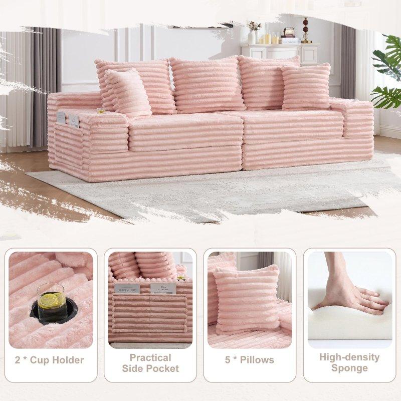 Pembe Fitilli Kadife Bardaklıklı Yan Cepli Yataklı Bohem Koltuk - 274x98x87 cm - 292683