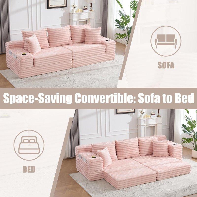 Pembe Fitilli Kadife Bardaklıklı Yan Cepli Yataklı Bohem Koltuk - 274x98x87 cm - 292683