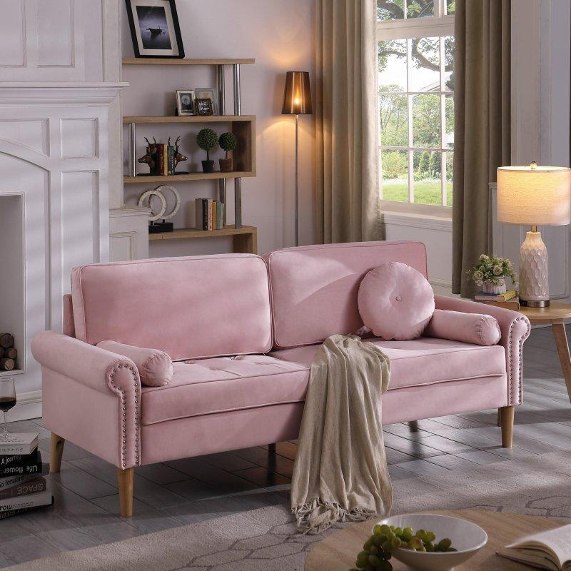 Pembe Kadife Bakır Zımba Detaylı Kapitoneli 3 Yastıklı Bohem Koltuk - 198 cm - 285550