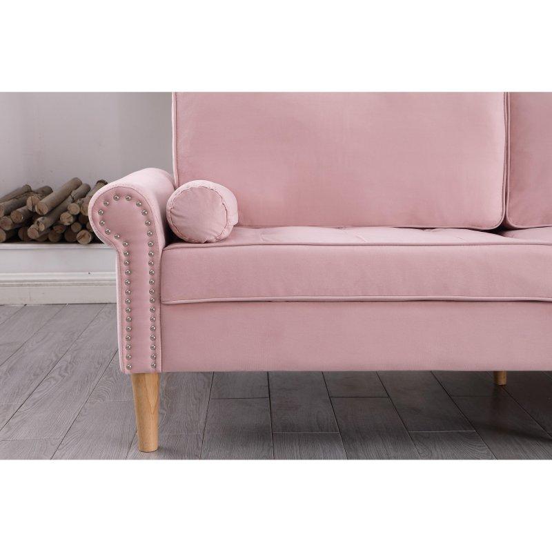 Pembe Kadife Bakır Zımba Detaylı Kapitoneli 3 Yastıklı Bohem Koltuk - 198 cm - 285550