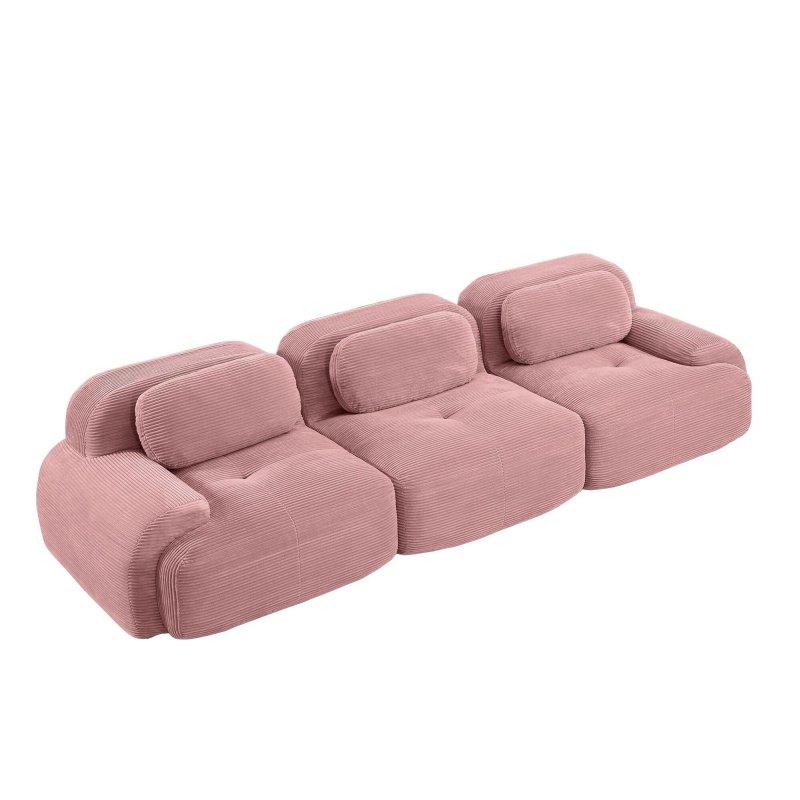 Pembe Kadife Kumaş Modüler 3 Kişilik Kıvrımlı Kolçaklı Bohem Koltuk - 298x103x75 cm - 290056