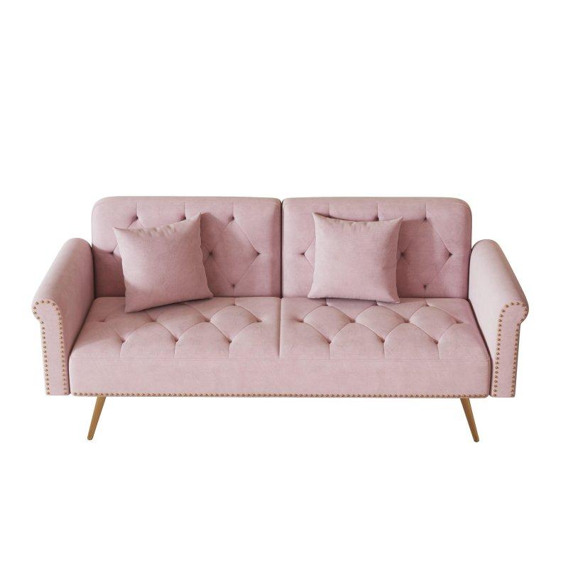 Pembe Kadife Zımba Detaylı Gold Metal Ayaklı Yataklı Bohem Koltuk - 172 cm - 285696