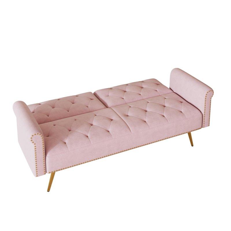 Pembe Kadife Zımba Detaylı Gold Metal Ayaklı Yataklı Bohem Koltuk - 172 cm - 285696