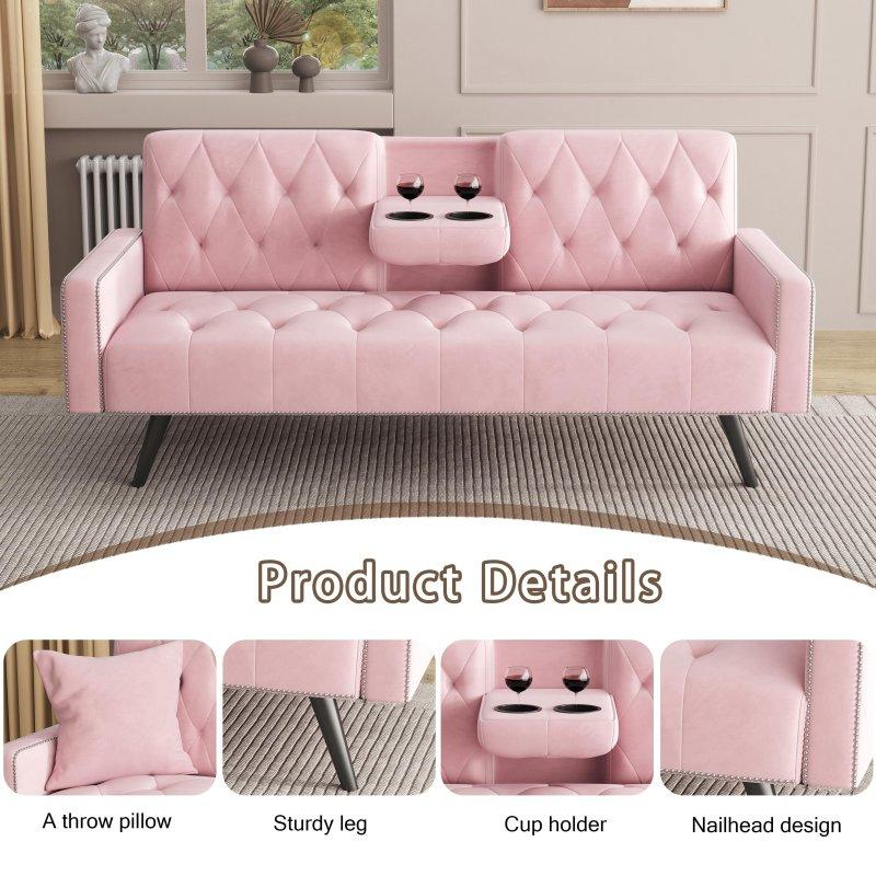 Pembe Kadife Zımba Detaylı Kapitoneli Yatak Olabilen Bohem Koltuk - 183 cm - 293569