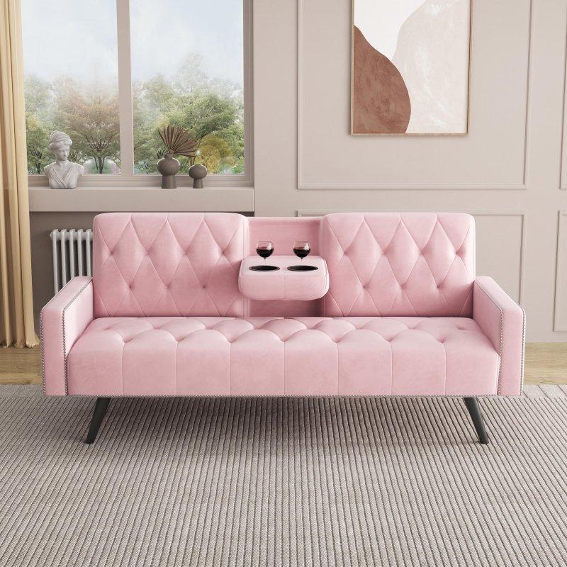 Pembe Kadife Zımba Detaylı Kapitoneli Yatak Olabilen Bohem Koltuk - 183 cm - 293569