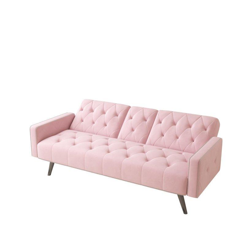 Pembe Kadife Zımba Detaylı Yataklı ve Bardaklıklı Bohem Koltuk - 183 cm - 291543