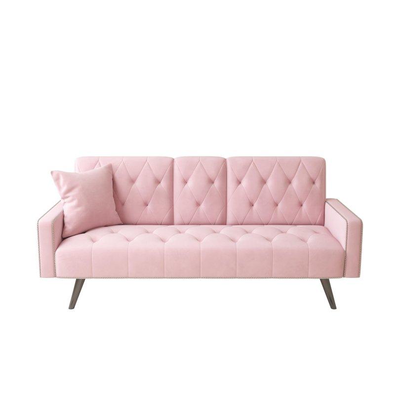 Pembe Kadife Zımba Detaylı Yataklı ve Bardaklıklı Bohem Koltuk - 183 cm - 291543