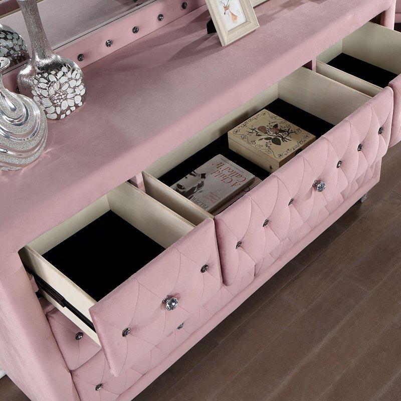 Pembe Kumaş Kaplama Aynalı 7 Çekmeceli Kapitoneli Şifonyer - 149 cm - 297968