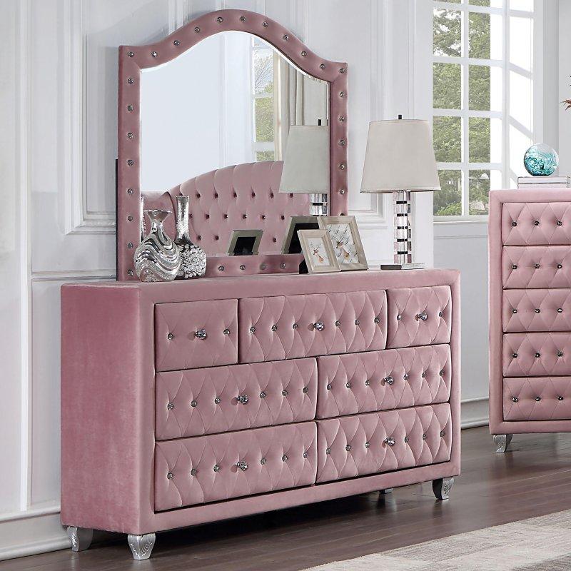 Pembe Kumaş Kaplama Aynalı 7 Çekmeceli Kapitoneli Şifonyer - 149 cm - 297968