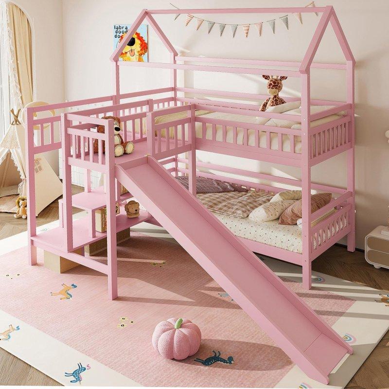 Pembe Masif Ahşap Kaydıraklı ve Depolamalı Ev Tasarımlı Ranza - 250633