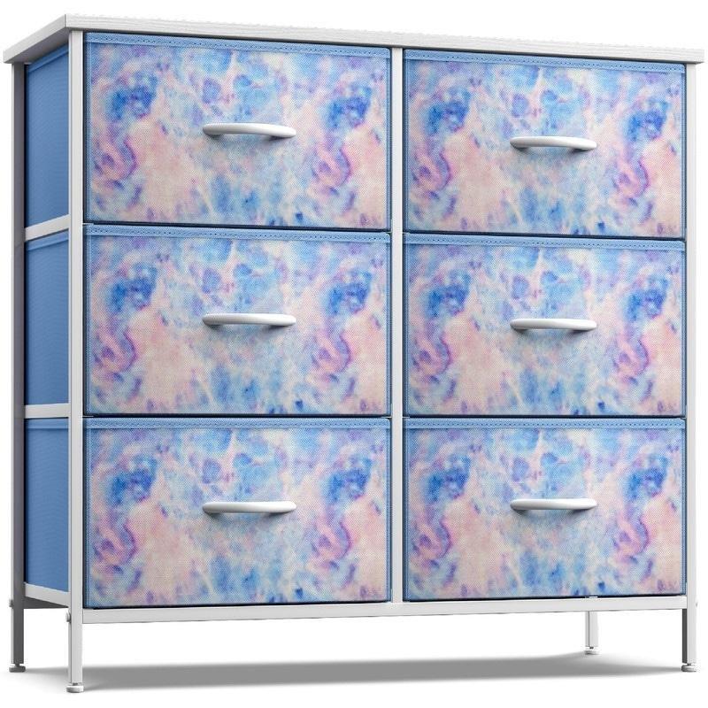 Pembe Mavi Batik Desenli MDF Tablalı 6 Çekmeceli Şifonyer - 81x30x63 cm - 305872