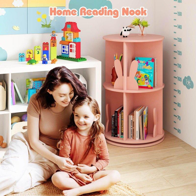 Pembe MDF 360° Döner 2 Katlı Tavşan Figürlü Çocuk Odası Kitaplık - 41x65 cm - 312542