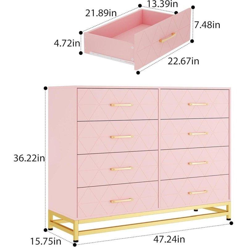 Pembe MDF 8 Çekmeceli Metal Kulplu Modern Tasarım Şifonyer - 306357