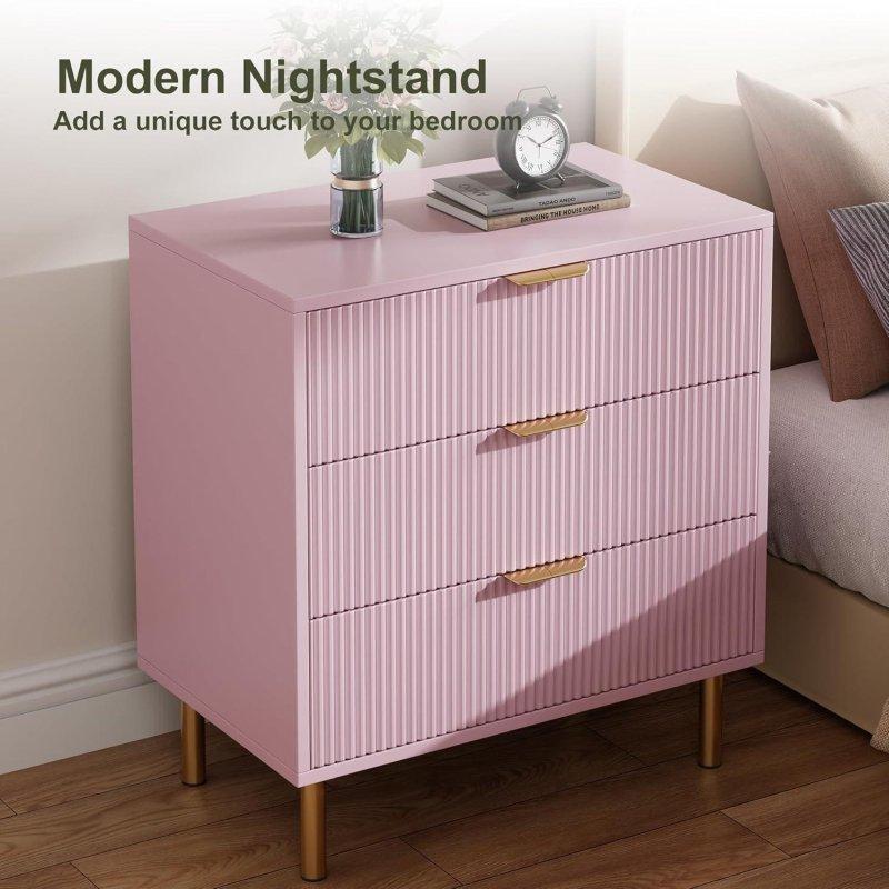 Pembe MDF Gold Kulplu 3 Çekmeceli Yivli Şifonyer - 304530