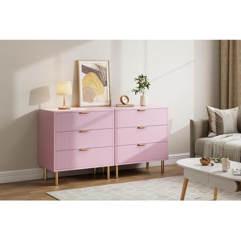 Pembe MDF Gold Kulplu 3 Çekmeceli Yivli Şifonyer - 304530