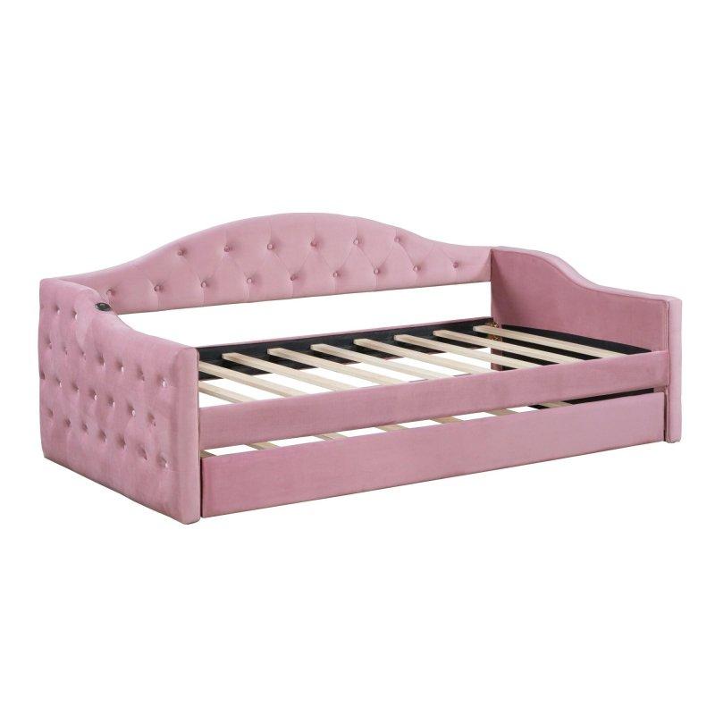Pembe MDF Kapitoneli USB-C Şarj İstasyonlu Yavru Yataklı Daybed Karyola - 204x106x85 cm - 329699