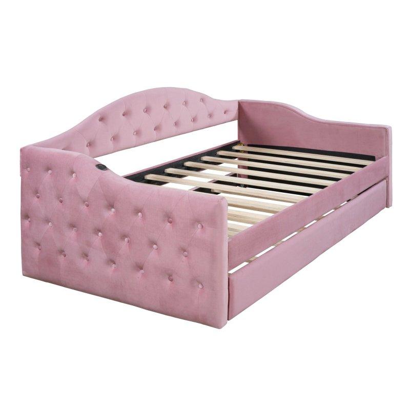 Pembe MDF Kapitoneli USB-C Şarj İstasyonlu Yavru Yataklı Daybed Karyola - 204x106x85 cm - 329699