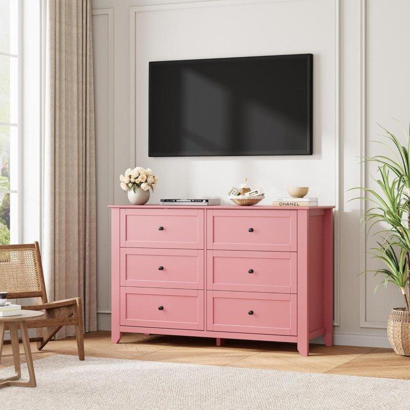 Pembe MDF Metal Kulplu 6 Çekmeceli Şifonyer - 120x40x81 cm - 308872