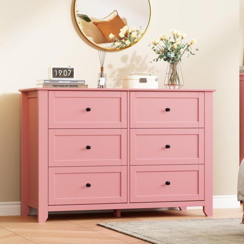 Pembe MDF Metal Kulplu 6 Çekmeceli Şifonyer - 120x40x81 cm - 308872