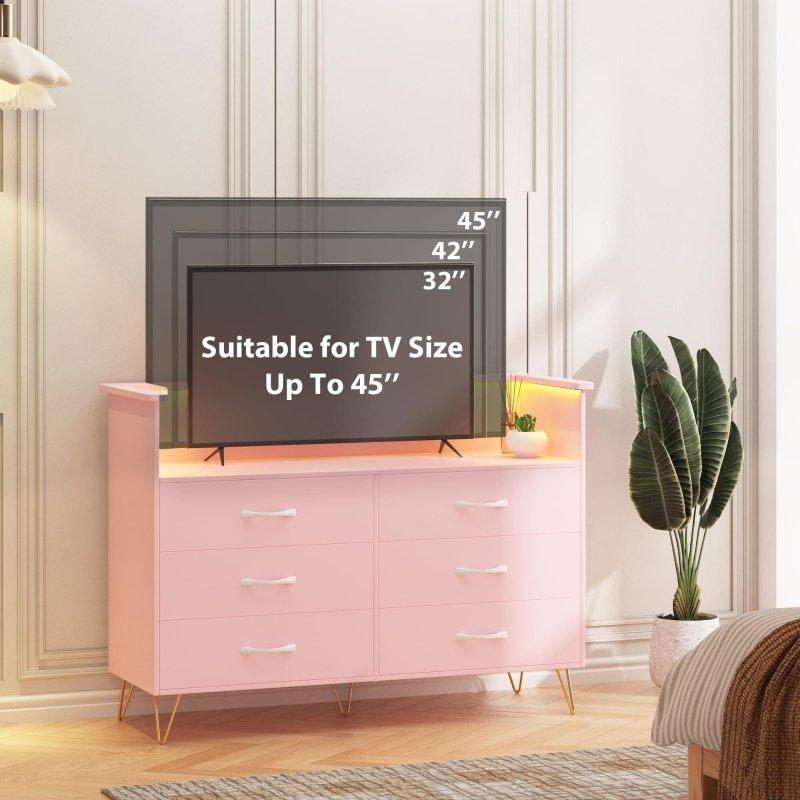 Pembe Metal Ayaklı LED Işıklı Şarj İstasyonlu 6 Çekmeceli Şifonyer - 309968