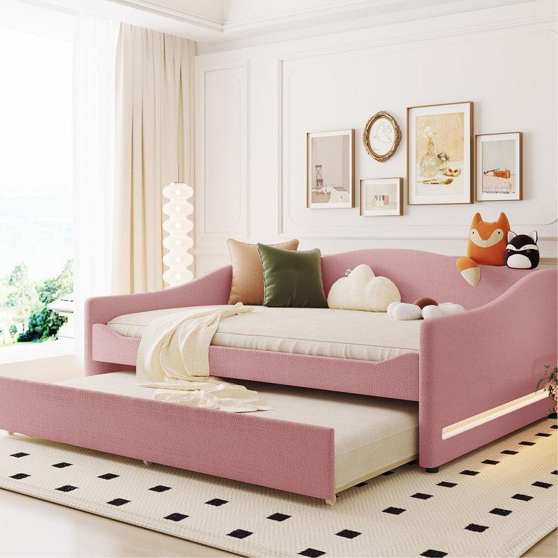 Pembe Polar Kumaş LED Işıklı Yavru Yataklı Karyola - 328590