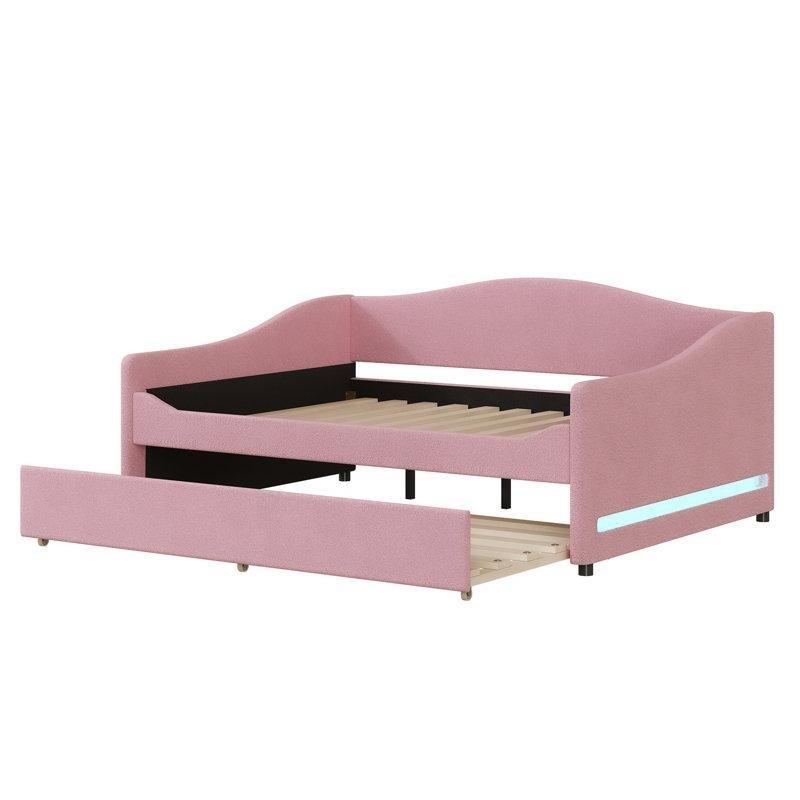 Pembe Polar Kumaş LED Işıklı Yavru Yataklı Karyola - 328590