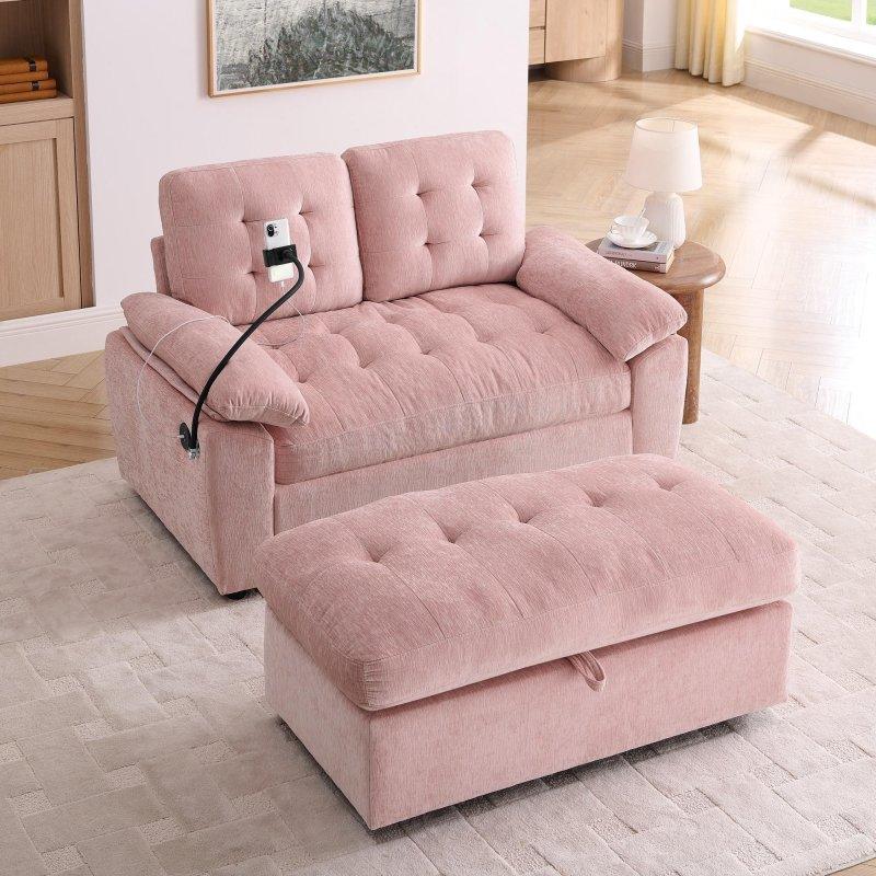Pembe Şönil Kumaş USB Portlu Ayarlanabilir Sırtlıklı ve Saklama Alanlı Puflu İkili Bohem Koltuk - 143x89x79 cm - 290048