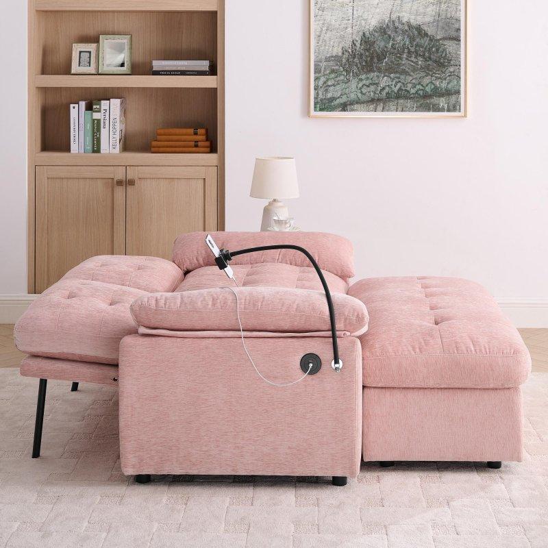 Pembe Şönil Kumaş USB Portlu Ayarlanabilir Sırtlıklı ve Saklama Alanlı Puflu İkili Bohem Koltuk - 143x89x79 cm - 290048