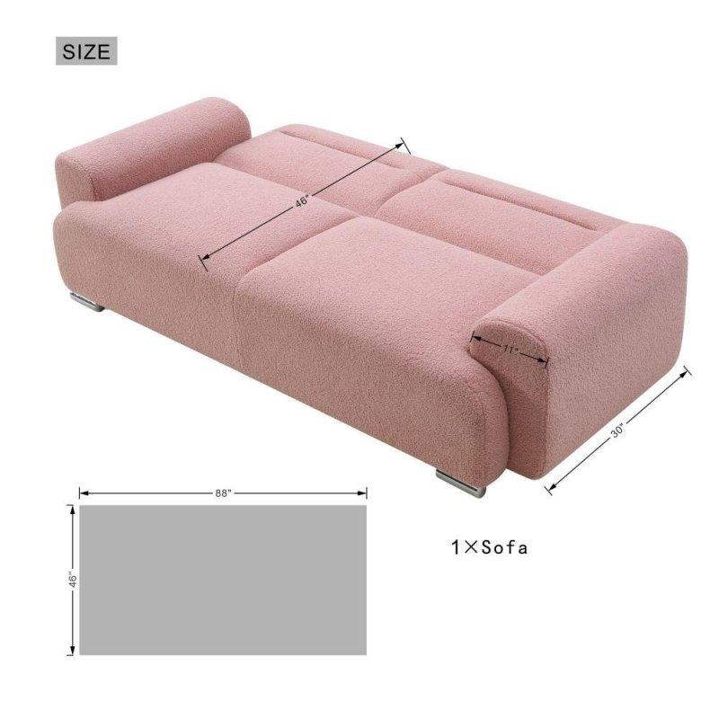 Pembe Teddy Kumaş Metal Ayaklı Yataklı 3 Kişilik Yuvarlak Kollu Bohem Koltuk - 224 cm - 280921
