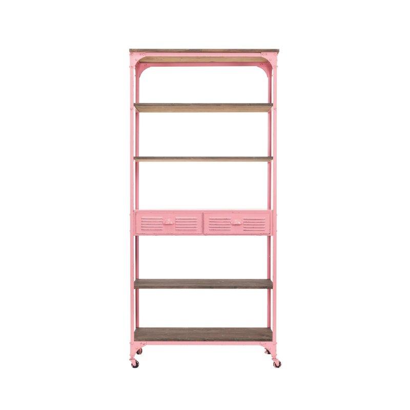 Pembe ve Beyaz Eskitme Demir ve Ahşap Tekerlekli 2 Çekmeceli 5 Raflı Kitaplık - 318410