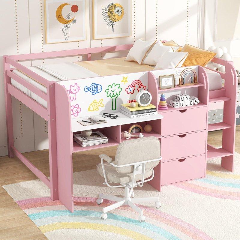 Pembe ve Beyaz Masif Çam ve MDF Çalışma Masalı Kitaplıklı ve Yazı Tahtalı Altı Boş Ranza - 249503