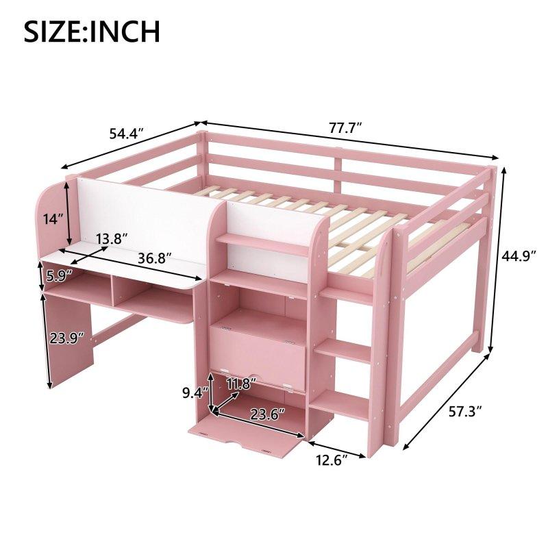 Pembe ve Beyaz Masif Çam ve MDF Çalışma Masalı Kitaplıklı ve Yazı Tahtalı Altı Boş Ranza - 249503