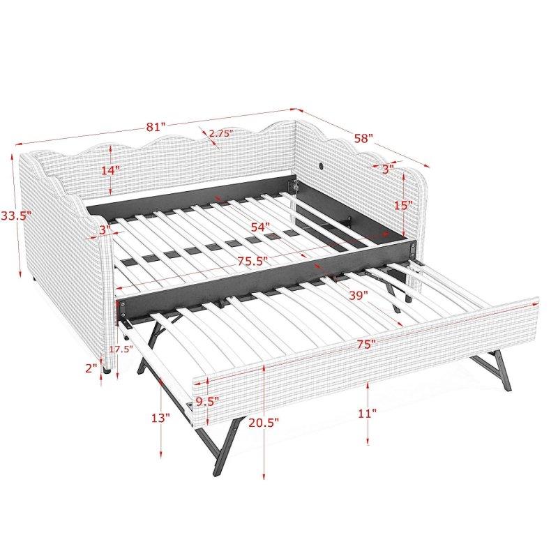 Pötikare Desenli Keten Kumaş Yavru Yataklı ve Şarj Portlu Daybed Karyola - 330358