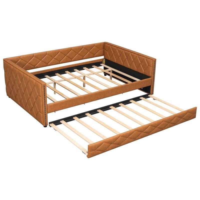 PU Deri Döşemeli LED Aydınlatmalı Yavru Yataklı Ahşap Daybed Karyola - 329892