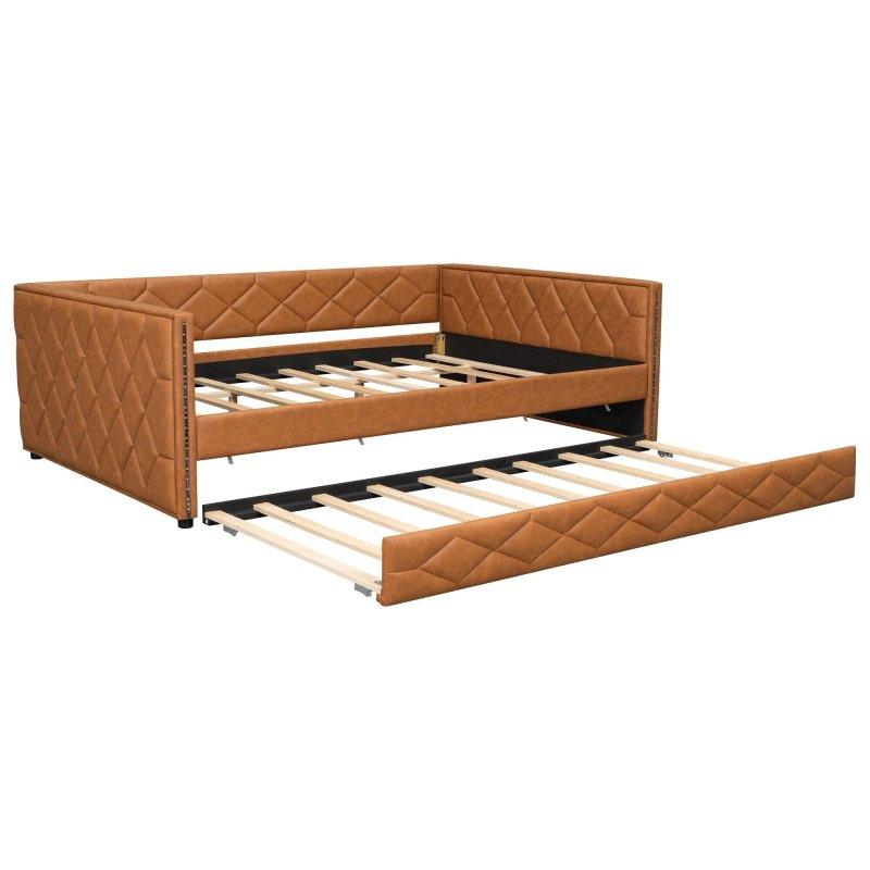 PU Deri Döşemeli LED Aydınlatmalı Yavru Yataklı Ahşap Daybed Karyola - 329892