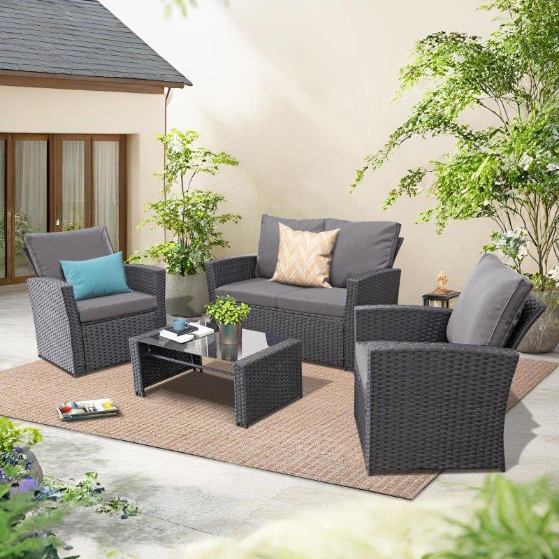 Rattan 4 Parça Derin Oturumlu Minderli Bahçe Takımı - 273608
