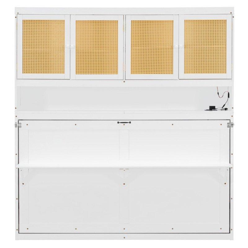 Rattan Detaylı Kahverengi MDF Dolaplı ve Masalı LED Aydınlatmalı USB Portlu Tek Kişilik Duvar Yatağı - 264435
