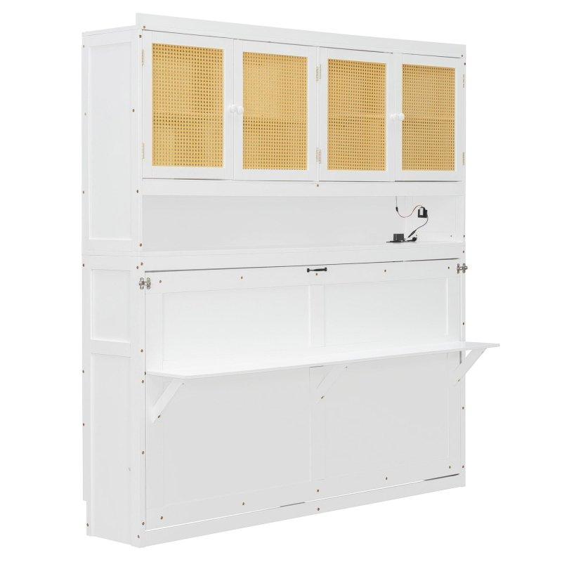 Rattan Detaylı Kahverengi MDF Dolaplı ve Masalı LED Aydınlatmalı USB Portlu Tek Kişilik Duvar Yatağı - 264435