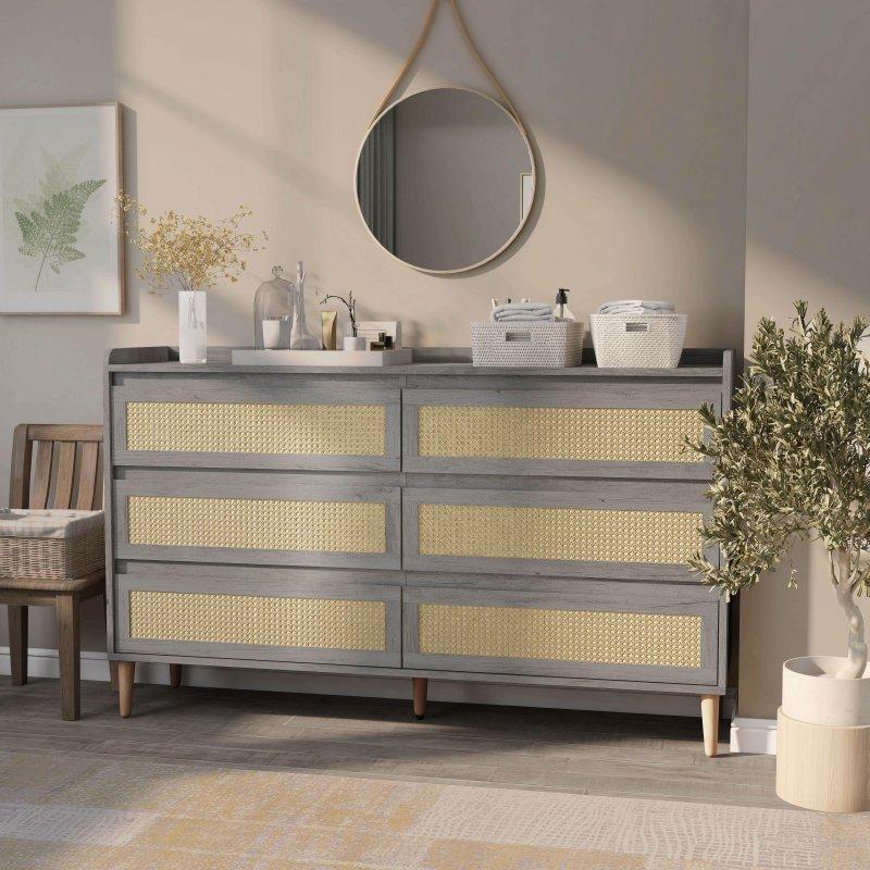 Rattan Detaylı Meşe Kaplama 6 Çekmeceli Kulpsuz Şifonyer - 161 cm - 298861