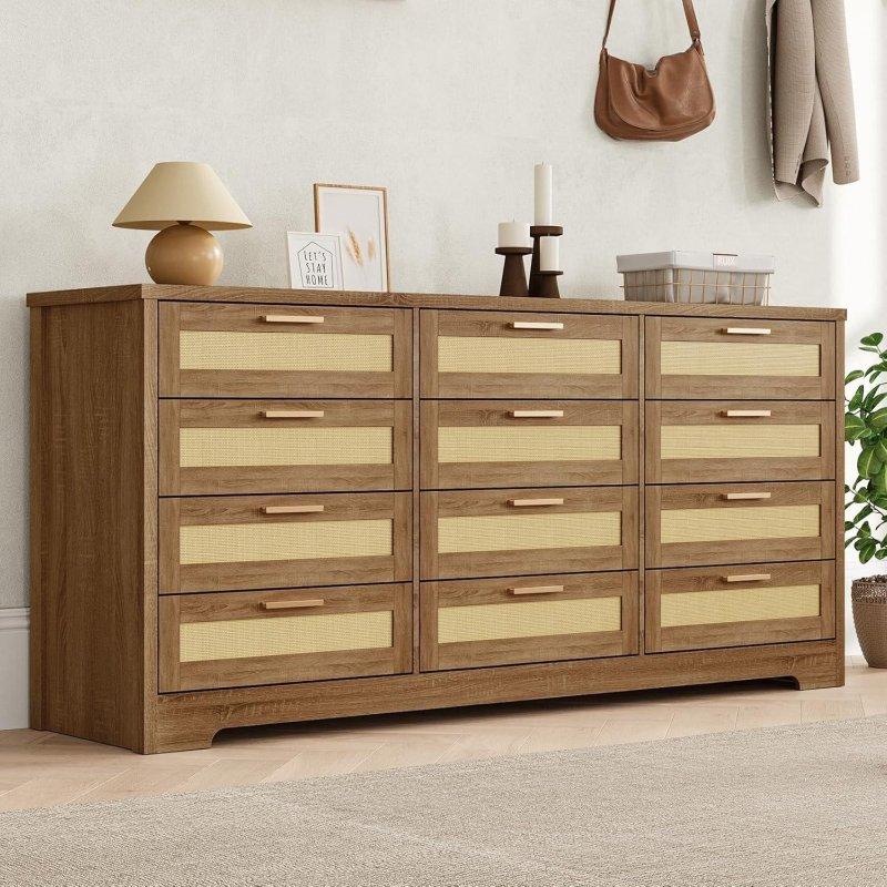 Rattan Detaylı Meşe ve MDF 12 Çekmeceli Yatay Şifonyer - 300045