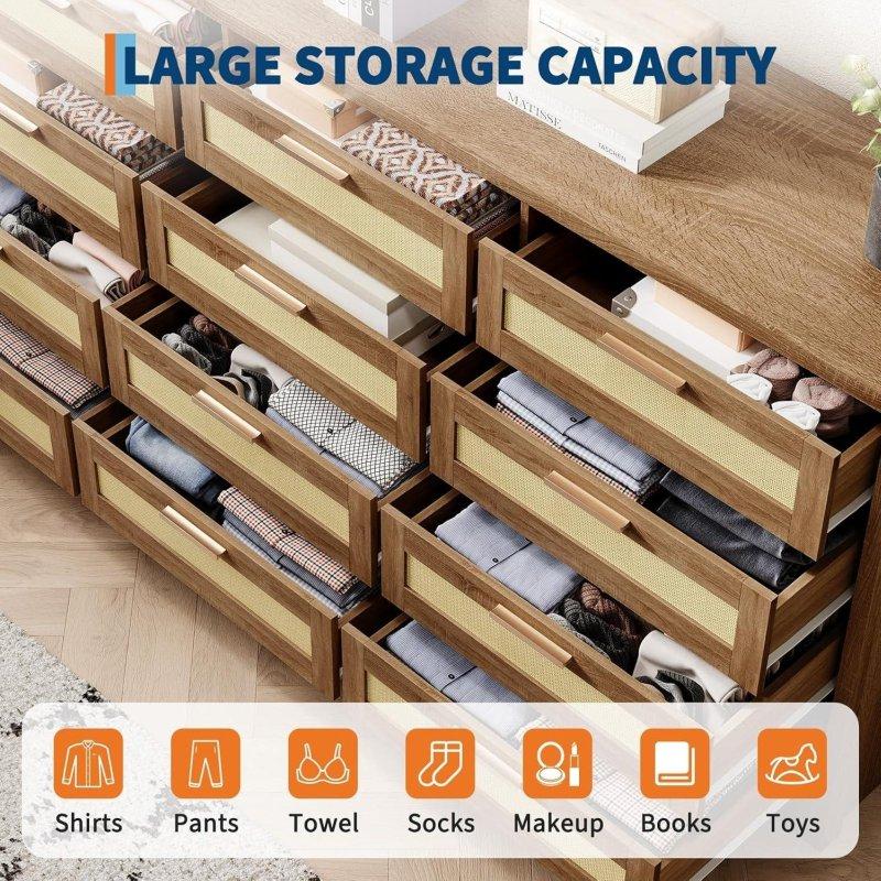 Rattan Detaylı Meşe ve MDF 12 Çekmeceli Yatay Şifonyer - 300045