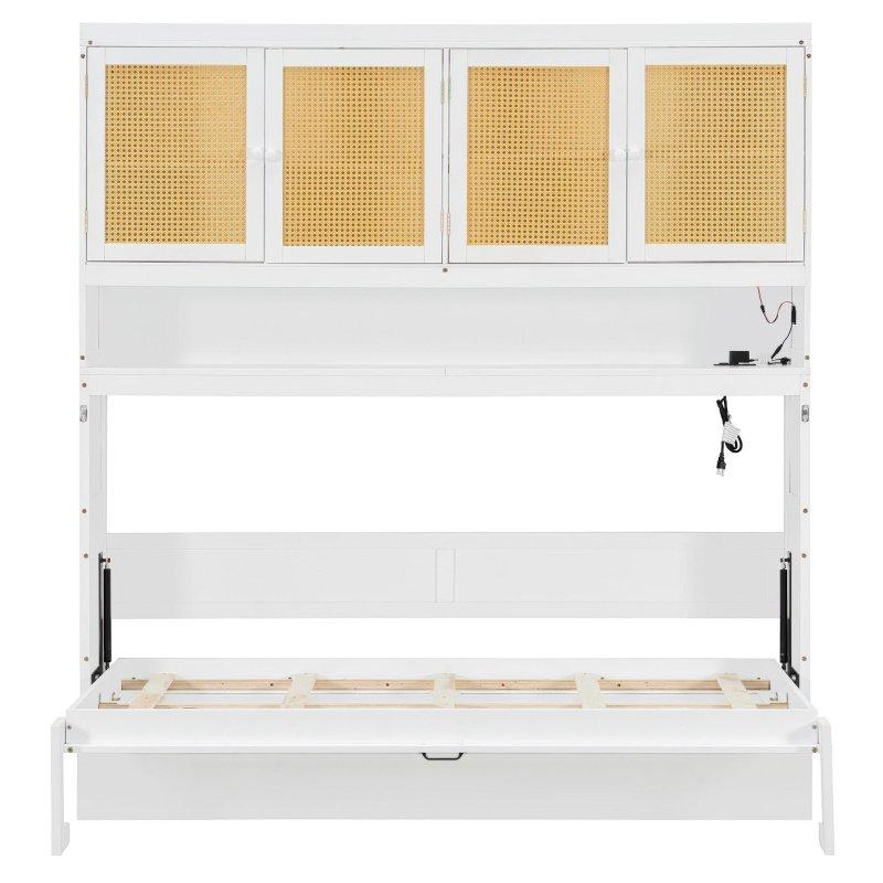 Rattan Dolaplı Aydınlatmalı ve USBli Ahşap Tek Kişilik Duvar Yatağı - 265867