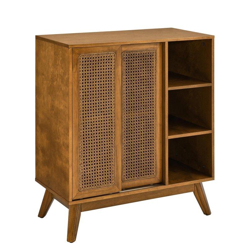 Rattan Kapaklı Masif Ahşap Ayaklı Ayarlanabilir Raflı Priz Delikli Bohem Konsol - 325536