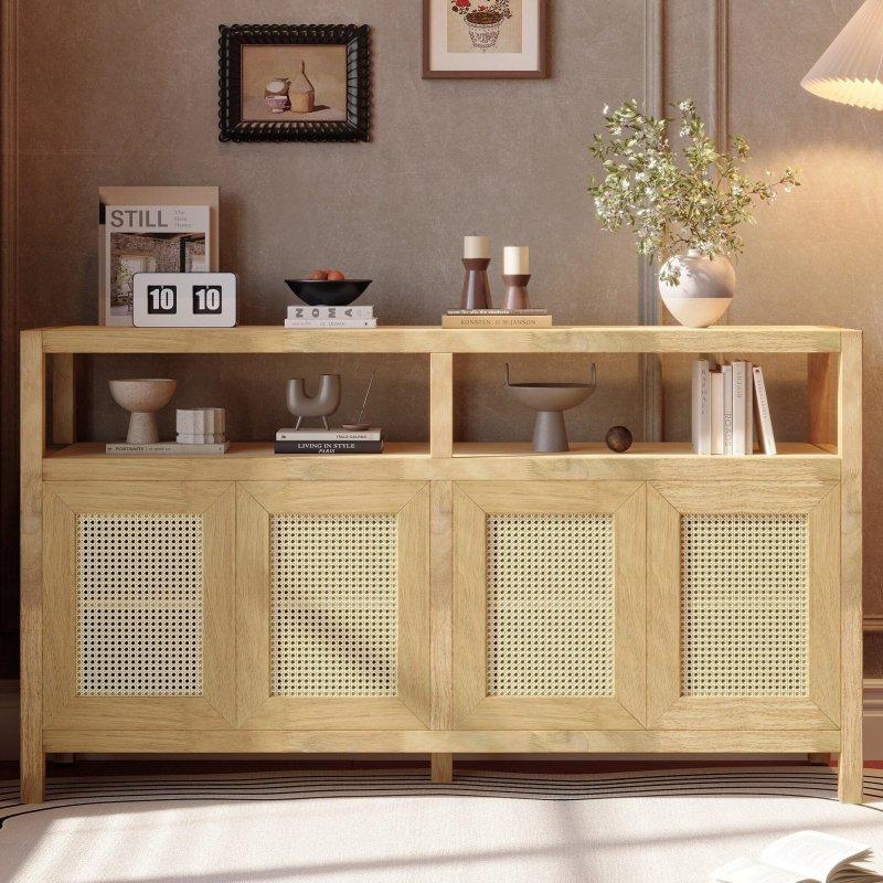 Rattan Kapaklı Masif Ahşap Ayarlanabilir Raflı Bohem Konsol - 153x40x86 cm - 325302