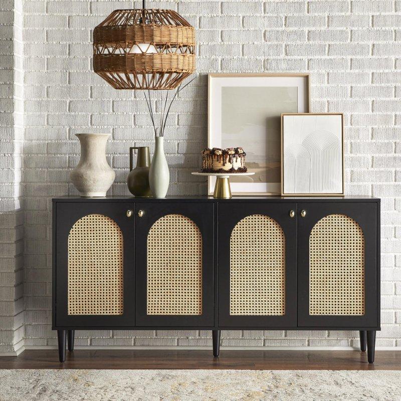 Rattan Kemerli 4 Kapaklı Masif Çam Ağacı Ayaklı Bohem Konsol - 153x77 cm - 324688