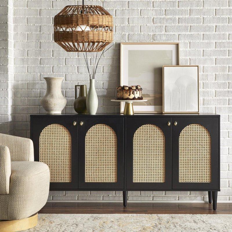 Rattan Kemerli 4 Kapaklı Masif Çam Ağacı Ayaklı Bohem Konsol - 153x77 cm - 324688